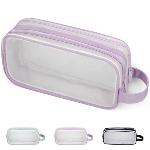 JIANTA Mesh Pencil Case, Large Clear Pen Pouch with Zipper and 2 Compartments, Makeup Cosmetics Bag Stationery Storage Bag for Home, Office, School (Purple)