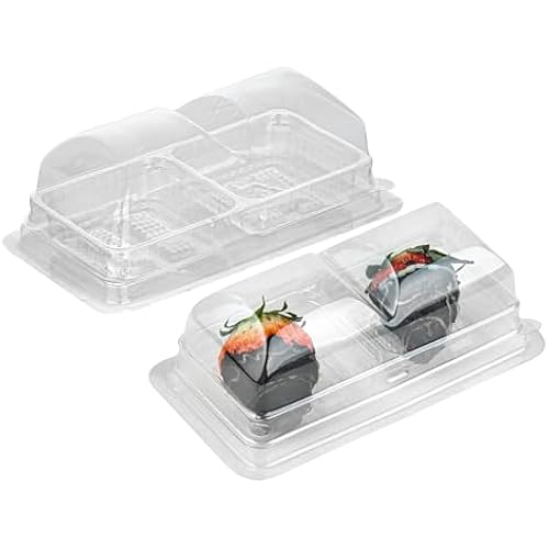 Restaurantware Thermo Tek 5.3 x 2.6 x 1.8 Inch Dessert Containers 100 Duo Compartments Transparent To Go Boxes - With Dome Lid For Small Desserts Clear Plastic Food Packaging Containers