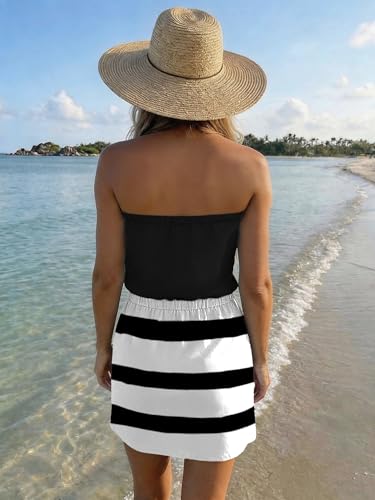 Image of Summer Dress for Women Strapless Beach Cover Ups Boho Sundress Mini Dress Drawstring Waist with Pockets