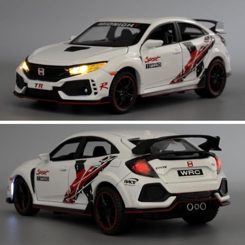 Image of 1:32 Civic Type R Toy Car Metal Diecast Pull Back with Sound Light & Openable Doors Kids Gifts Collectible Car Model Durable Toy for Boys & Girls (White)
