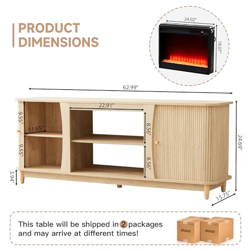 Image of Fireplace TV Stand, Fluted TV Stand with Storage and Sliding Door, Farmhouse Entertainment Center Media Console Table for Living Room (Natural)