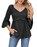 Womens Ruffle 3/4 Sleeve Babydoll Tops V Neck Peplum Blouse Smocked Loose Fit Tunic Top Bell Sleeve Dressy Tee Shirts Black