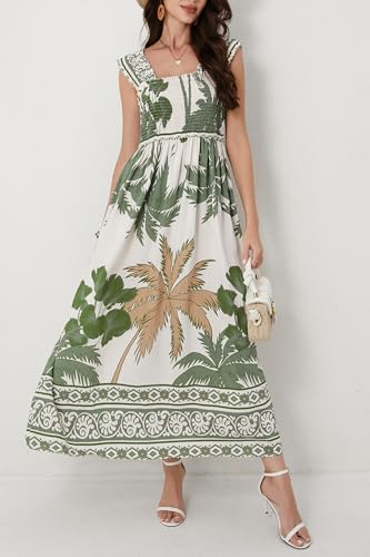 Image of Women Summer Boho Maxi Dress Casual Hawaiian Sleeveless Square Neck Beach Vacation Dresses