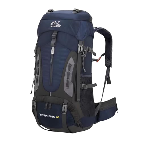Mochila Bless star Trilha Camping Caminhada Viagem Montanhismo Alpinismo Mochilão Grande Cargueira Trekking Masculina Feminina Com Capa de Chuva 60 Litros (Azul Marinho)