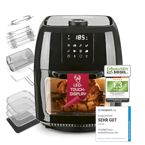 GOURMETmaxx Digitale Heißluftfritteuse XXL - 9L Ofen | Airfryer mit Timerfunktion, Touchdisplay, Drehspieß, Schaschlikspießen | fettarm, energiesparend frittieren | 8 Programme, 1800 W