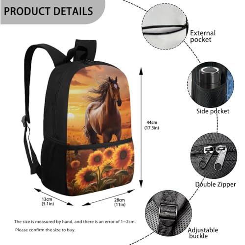 Kids Horse Backpacks for Girls with Lunch Box Ages 6-8 Animal Backpack and Lunch Bag and Water Bottle Holder Pencil Case Primary School Student Bookbag/Lunchbox Set, 4 Piece, Sunflower3