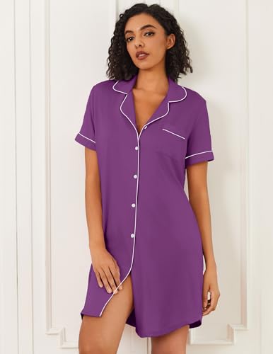 Image of Ekouaer Nightgowns for Women 2 Pack Button Down Sleepwear Short Sleeve Sleepshirts Soft Nightshirts Boyfriend Pajama Dress