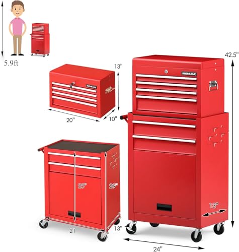 Image of Goplus 6 Drawers Tool Chest, 2-in-1 Rolling Tool Box with Universal Lockable Wheels, Protective Liner, Detachable, Auto Lock, Metal Tool Storage Cart, Heavy Duty Tool Cabinet for Garage Shop