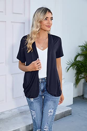 Hiyiyezi Short Sleeve Cardigan For Women Lightweight Flowy Drape Front Work Cover-Up Shrug With Pockets (Medium,Navy Blue) #TOP4
