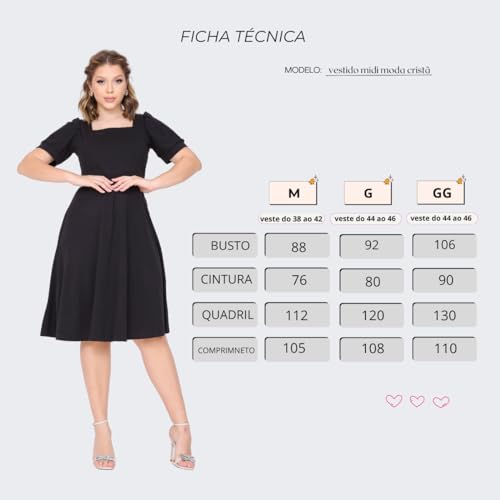 Vestido Rodado de Manga Princesa Midi Feminino Moda Evangélica (BR, Alfa, M, Regular, Regular, preto