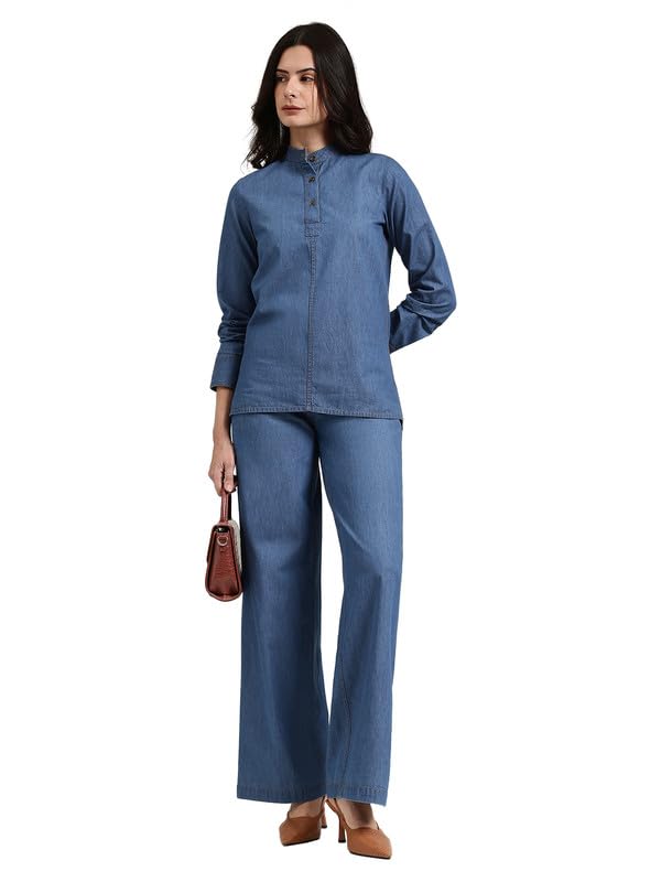 fablestreet Women’s Denim Co-Ord Set | Casual Full Sleeve Shirt with Wide Leg Pants | Stylish 2-Piece Outfit for Daily & Office Wear (FSDNCO104MDBL)-picture-22