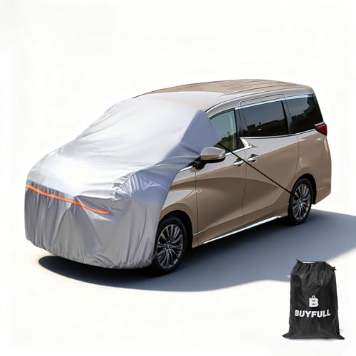 ハーフカバー 一体式 半分自動車カバー 210Dオックスフォード 裏起毛タイプ フロントガラス・ボンネット保護 防水 防雪 防塵 UVカット 日焼け防止 反射ストリップ付き ミニバン アルファード セレナ デリカ D:5用 四季対応 収納袋付き