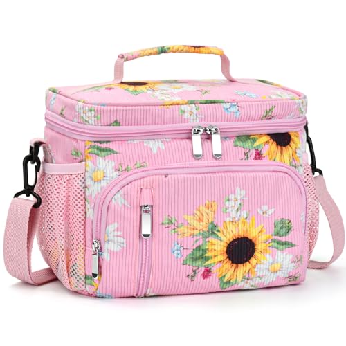 MIAOJIE Insulated Lunch Bag for Men & Women, 9L Leakproof Lunch Box Soft Cooler Tote with 5 Pockets, 600D Oxford, EVA Lining, Adjustable Strap for Work, Picnic, Beach&Travel-Corduroy Sunflower Daisy