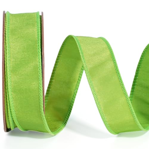 LaRibbons Green Wired Ribbon 1 Inch x 10 Yards Lime Green Dupioni Spring Craft Ribbon with Wired Edge for Easter Gift Wrapping Floral Arrangements Wreaths Bows and DIY Decorations