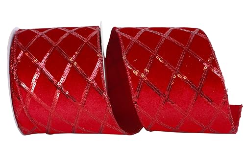 Reliant Ribbon 93685W-065-10F Sequined Diamond Plush Wired Edge Ribbon, 4 Inch X 10 Yards, Red