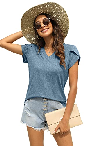 Nanyuaya Womens Casual Summer Tops 2023 V Neck Petal Sleeve Blouse T-Shirts Light Blue #TOP2