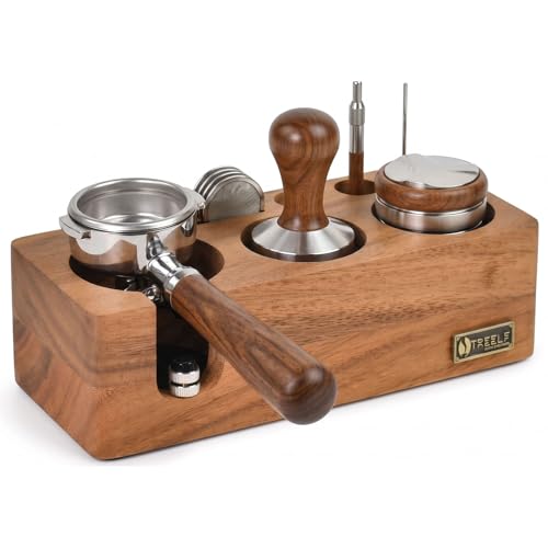 FTISSLY Station de Tamper pour Café 58 mm, Support Porte-Filtre en Bois de Noyer Massif, Rangement 5 Emplacements pour Tamper, Panier et Porte-Filtre, Base Anti-dérapante