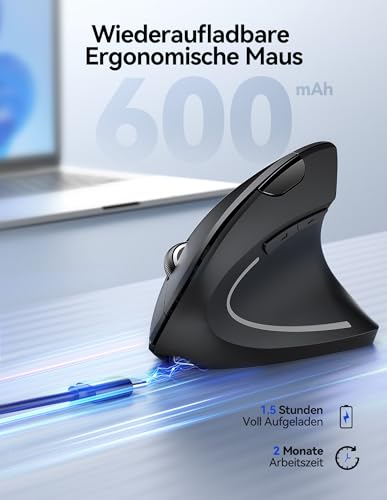Image of TECKNET Ergonomic Mouse Wireless, 2.4G USB Optical Vertical Mouse Ergonomic with Charging Cable, 800 /1600 /2400 /3200 /4800 DPI, Quiet Wireless Vertical Mouse with 6 Buttons for Windows and Mac OS