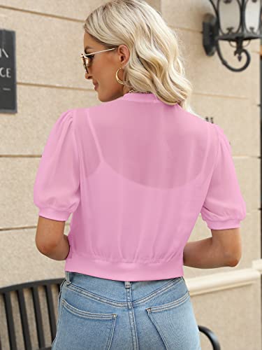 Afvetut Women Puff Sleeve Bolero Shrug Open Front Summer Cropped Sheer Jackets Cardigan Pink #TOP1