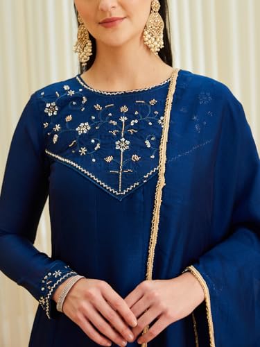 Image of MOKOSH Women's Silk Hand Work Anarkali Kurta Pant with Dupatta | Anarkali Kurta Pant | Embroidered | Round Neck Full Sleeve | 3 Piece Outfit | Ethnic Wear