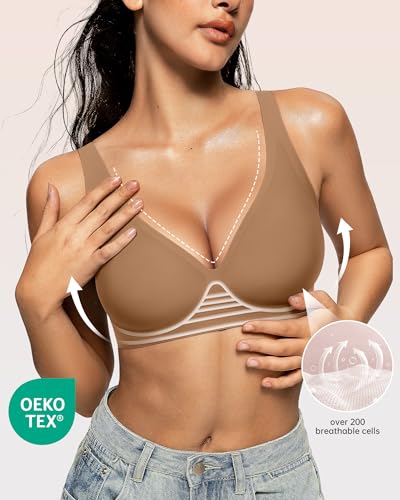Image of OEAK Womens Deep V Bras Wireless Comfortable Bra Supportive No Underwire Bras Tshirt Push Up Bralettes Plunge Seamless Bra