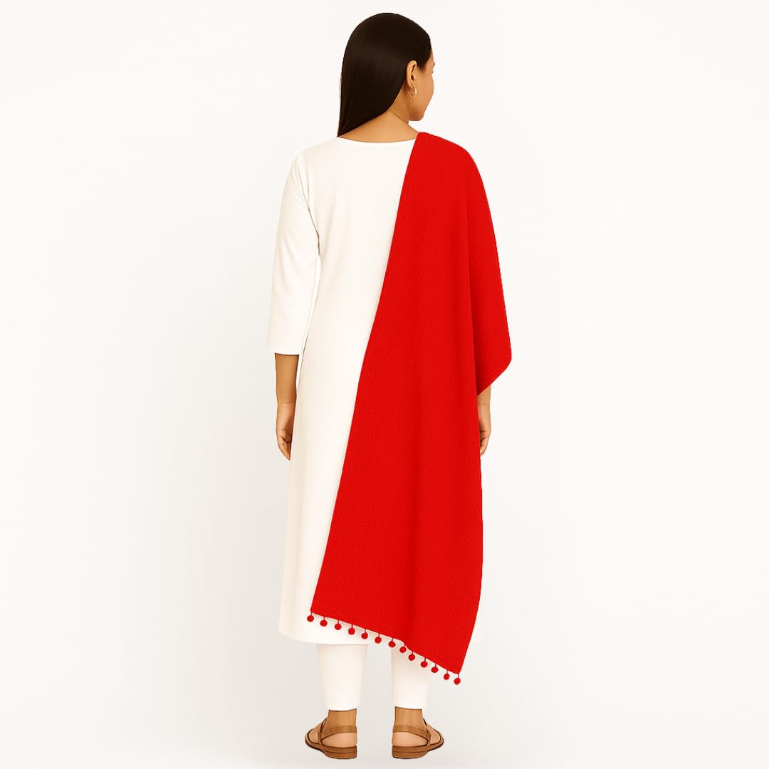 VinodRatna Women Pure Solid Cotton Dupatta With Pom Pom Border 2.25m (Red, 2.25m) - Image 7 thumbnail
