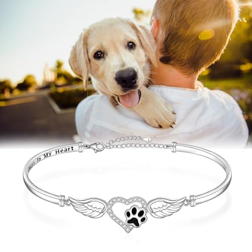 Paw Print Bracelet 925 Sterling Silver Dog Cat Paw Prints Bracelets Bangle Always in My Heart Bracelets for Women Angel Wings Memorial Dog Mom Lover Gifts4