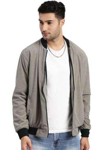 Image of SHOWOFFFF Men Solid Bomber Jacket | Mandarin Collar Full Sleeves Corduroy Jacket for Mens | Slim Fit Regular Length Jacket for Men's