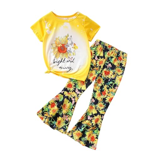 Image of Ayzozuy Kids Toddler Girl Clothes Letter Print Graphic Top + Leopard Print Flare Leg Pants 2PC Summer Clothing Set