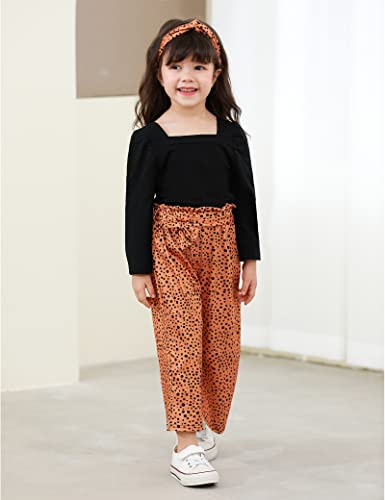 Image of Girl Clothes, Toddler Girl Clothes Square Neck Puff Long Sleeve Top Striped Pants Headband 3Pcs Fall Clothes Set