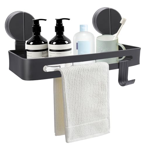 Noviatrix Etagere Douche sans Percage, Ventouse sans Trou Support Salle de Bain, Etagere Ventouse avec Quatre Crochets, étagère de Douche pour Salle de Bain,...