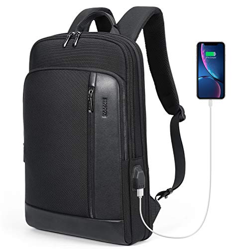 KOOSOM 15.6 inch Mens Slim Leather Laptop Backpack with USB Charging Port Water-Resistant