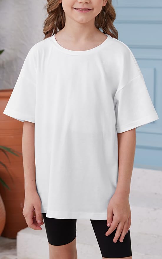 ZDC Girls Short Sleeve T Shirts Kids Summer Oversized Tops Trendy Crewneck Basic Tees 5-14 Years2