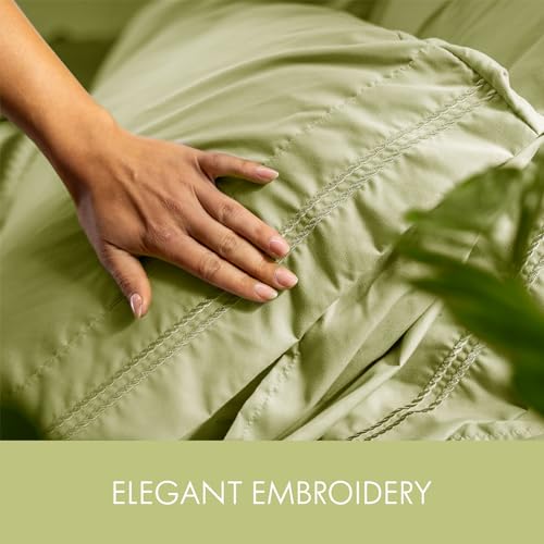 Image of ClevaHome Queen Size Sheets - 6 Piece Fitted Bed Sheet Set, Leaf Green | Soft Luxury Breathable, Shrink & Fade Resistant, Embroidered Bed Sheets, 14-inch Deep Pocket, 2 Extra Pillowcases