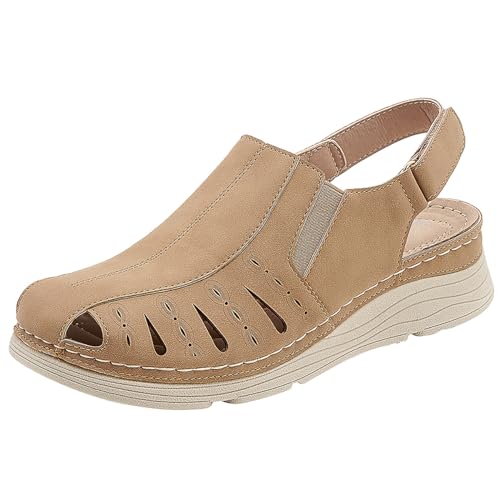 Women Sandals Comfortable Wedges Casual Summer Beach Shoes Hollow Hook Loop Round Toe Design for Easy Wear (Brown, 9)
