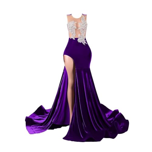 High Split Velvet Prom Dresses Applique Formal Dresses for Women Mermaid Prom Gown