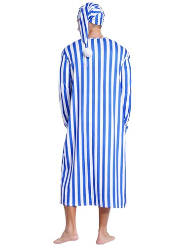 Men's Soft Loose Sleepwear Striped Long Sleeve Nightshirt with Sleeping Cap Pajama Set2