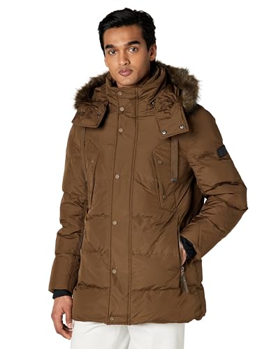 Andrew Marc Men's Mid Length Down Jacket, CAPPUCINO (GATTICA