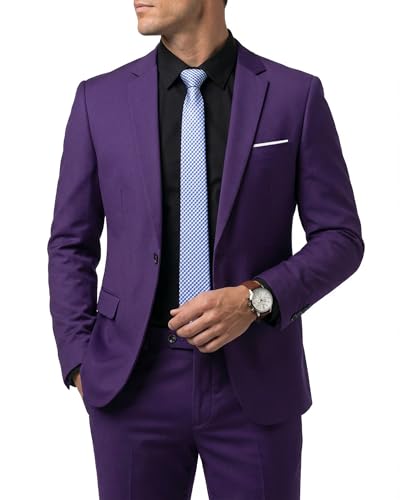 Image of Hihawk Men's 2 Piece Suit with Tie, One Button Slim Fit Solid Jacket & Pants Set, Suits for Men Party Wedding Prom & Business