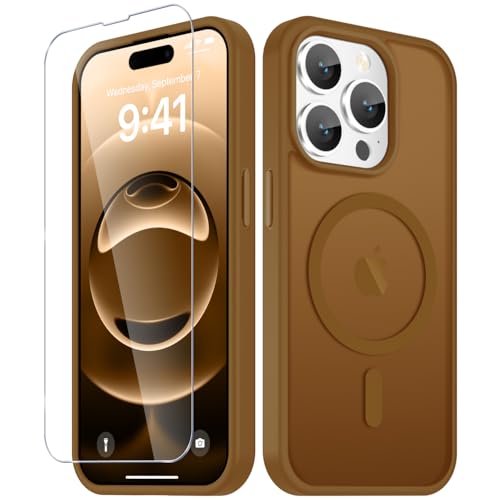 Image of YENAPOON for iPhone 14 Pro Case, Matte Magnetic Phone Cover [with 1 Screen Protector] [Support for MagSafe] [Shockproof Military Grade Protection] Translucent Frosted Back, Brown