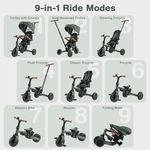 INFANS 9-in-1 Foldable Toddlers Tricycle, Converts Stroller to Balance Bike with Adjustable Push Handle, Canopy & Backrest, Pedal Conversion, Retractable Rear Wheels for 1-6 Years (Green) - Thumbnail 3