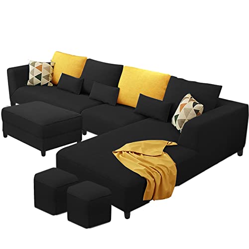 Image of Galib RHS 8 Seater L Shape Sofa Set for Living Room (Black Fabric)