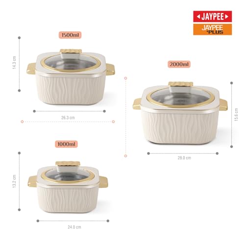 Image of JAYPEE Crinkle Klass Inner Stainless Steel Casserole Set of 3(1000+1500+2000) ml PUF Insulated Gold Finish Handle Lockable Lid BPA Free Hot Box for Kitchen Roti Box Hot Pot Serving Casserole,White