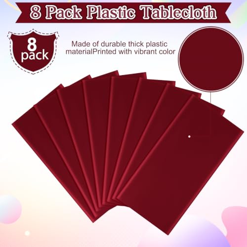 Image of 8 Pack Maroon Plastic Tablecloth for Rectangle Tables, Premium Decorative Burgundy Disposable Table Cloths for Parties, Rectangle Party Table Cover for Birthday Anniversary Graduation, 54x108 Inch