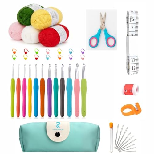 Image of Crochet Set for Beginners & Experts - 12 Ergonomic Crochet Hooks, Yarn Balls, Stitch Markers, Scissors, Row Counter, Needles & Storage Pouch - Complete Knitting & Amigurumi Set (Crochet Hooks Set New)