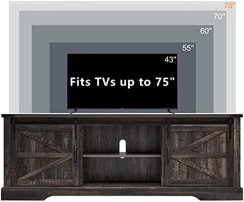 OKD Farmhouse TV Stand for 75 Inch TV with Sliding Barn Door, Rustic Wood Entertainment Center Large Media Console Cabinet Long Television Stands for 70 Inch TVs, Dark Rustic Oak