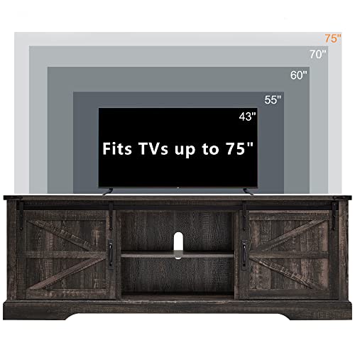 Okd Farmhouse Tv Stand For 75 Inch Tv With Sliding Barn Door, Rustic Wood Entertainment Center Large Media Console Cabinet Long Television Stands For 70 Inch Tvs, Dark Rustic Oak #TOP3