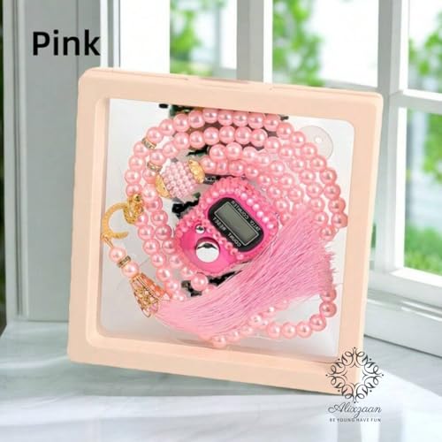 Image of Digital Prayer Counter Tasbih with Display Screen, Pink Pearl Beads, Decorative Frame Display