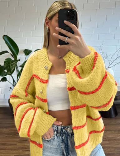 Image of QIBABU Womens Striped Cardigan Sweaters Casual Open Front Long Sleeve Button Down Knit Outwear