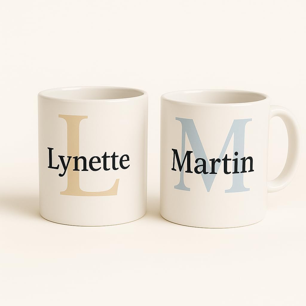 2-Piece Mug Set – Personalized Mugs with Letter and Name, Custom Coffee Mugs with Initial and Name, Ceramic Mugs with Letter Design; a Coffee Mug for her and him, Perfect Personal Gift.